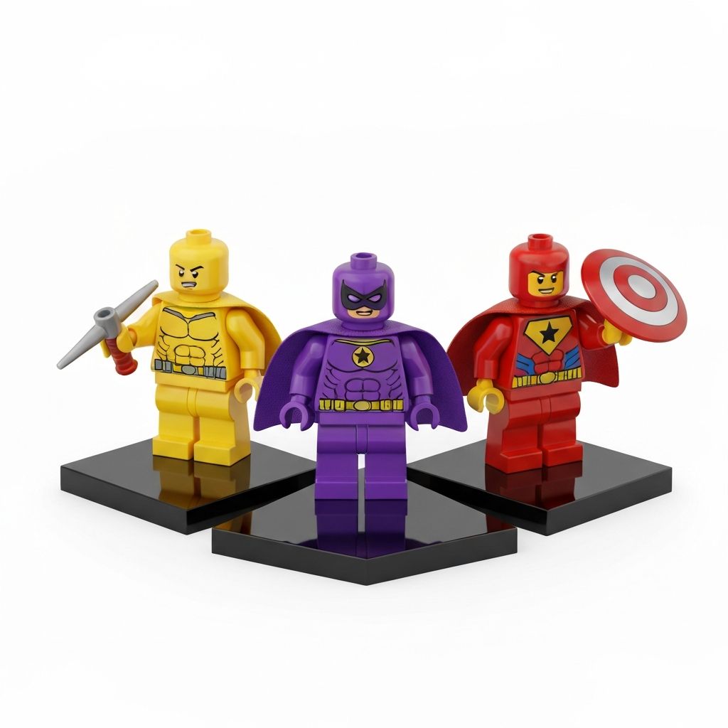 Hero minifigures with character-matched accessories on gloss black display stands