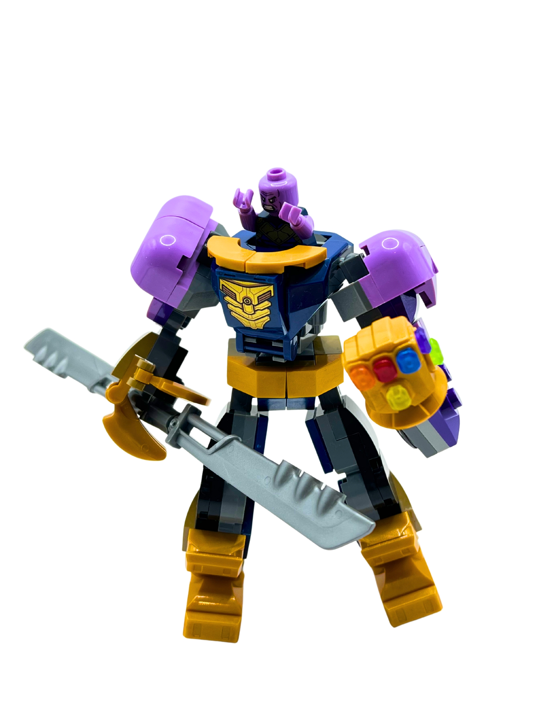Thanos mech in purple with sword and Infinity Gauntlet