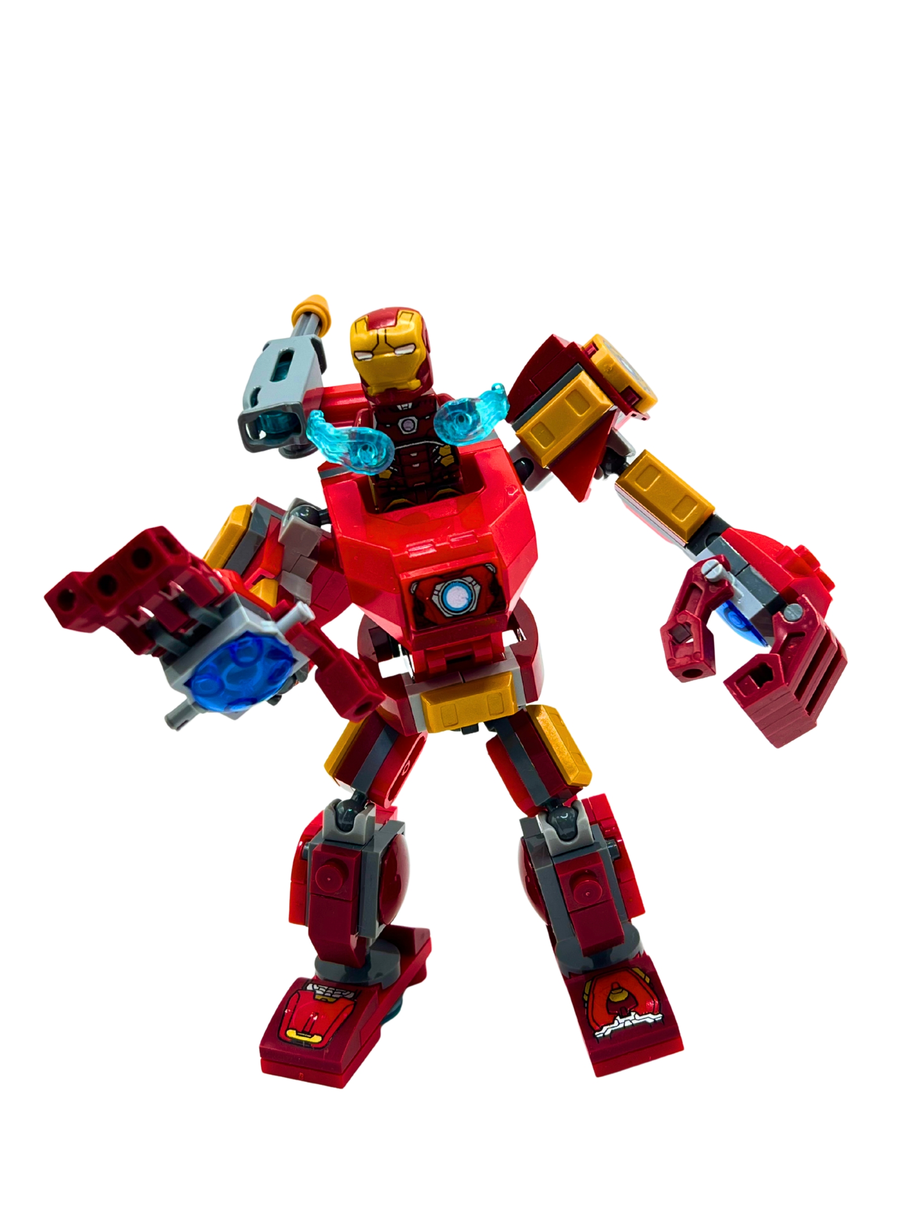 Iron Man mech in bright red with gold accents and repulsor blasters