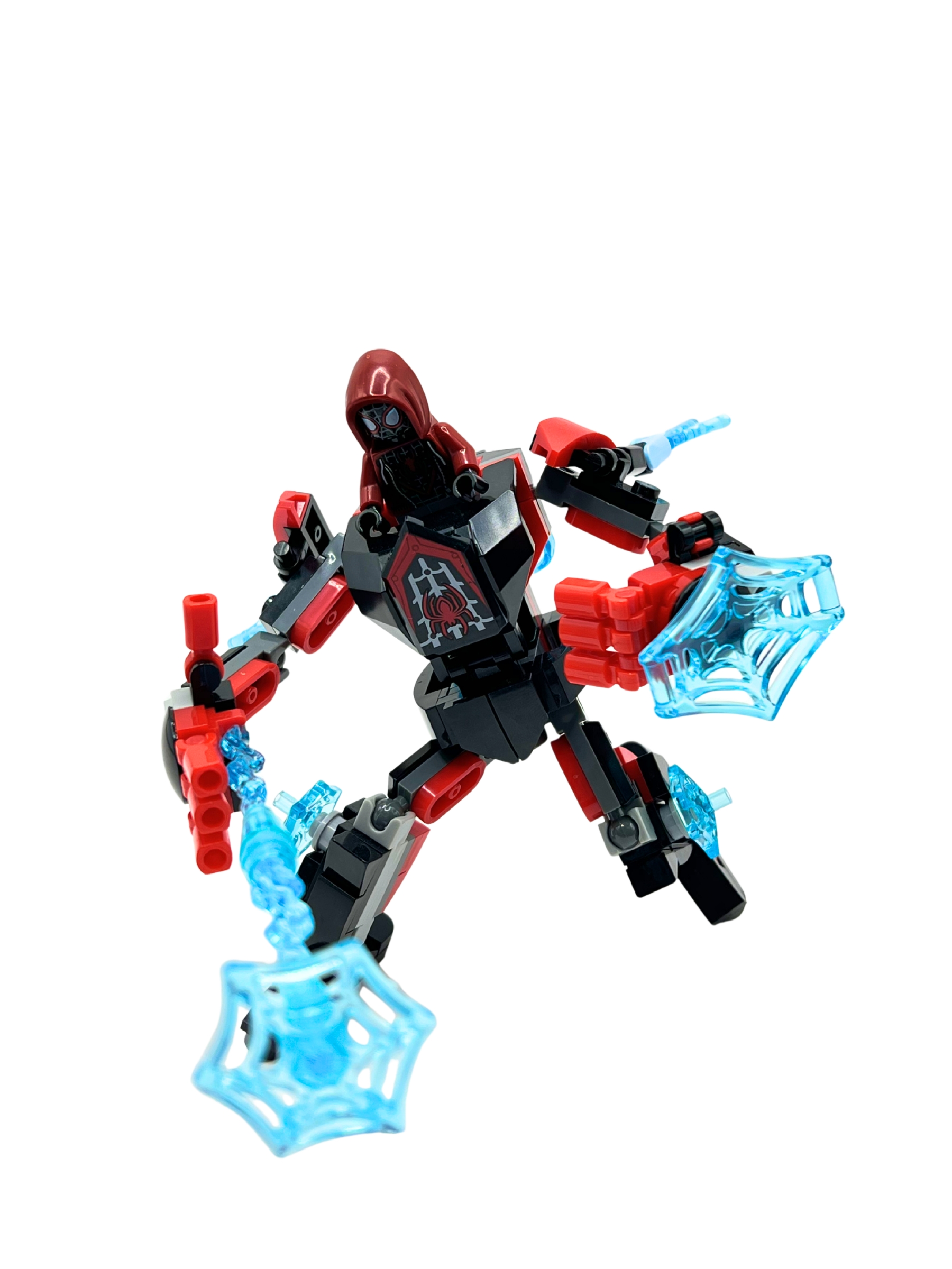 Miles Morales Spider-Man mech with blue web shield accessories