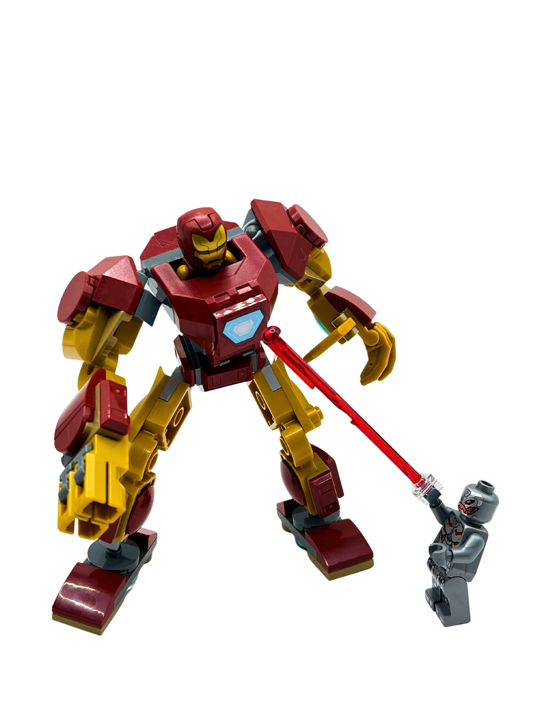 Iron Man mech in red and gold with arc reactor chest piece