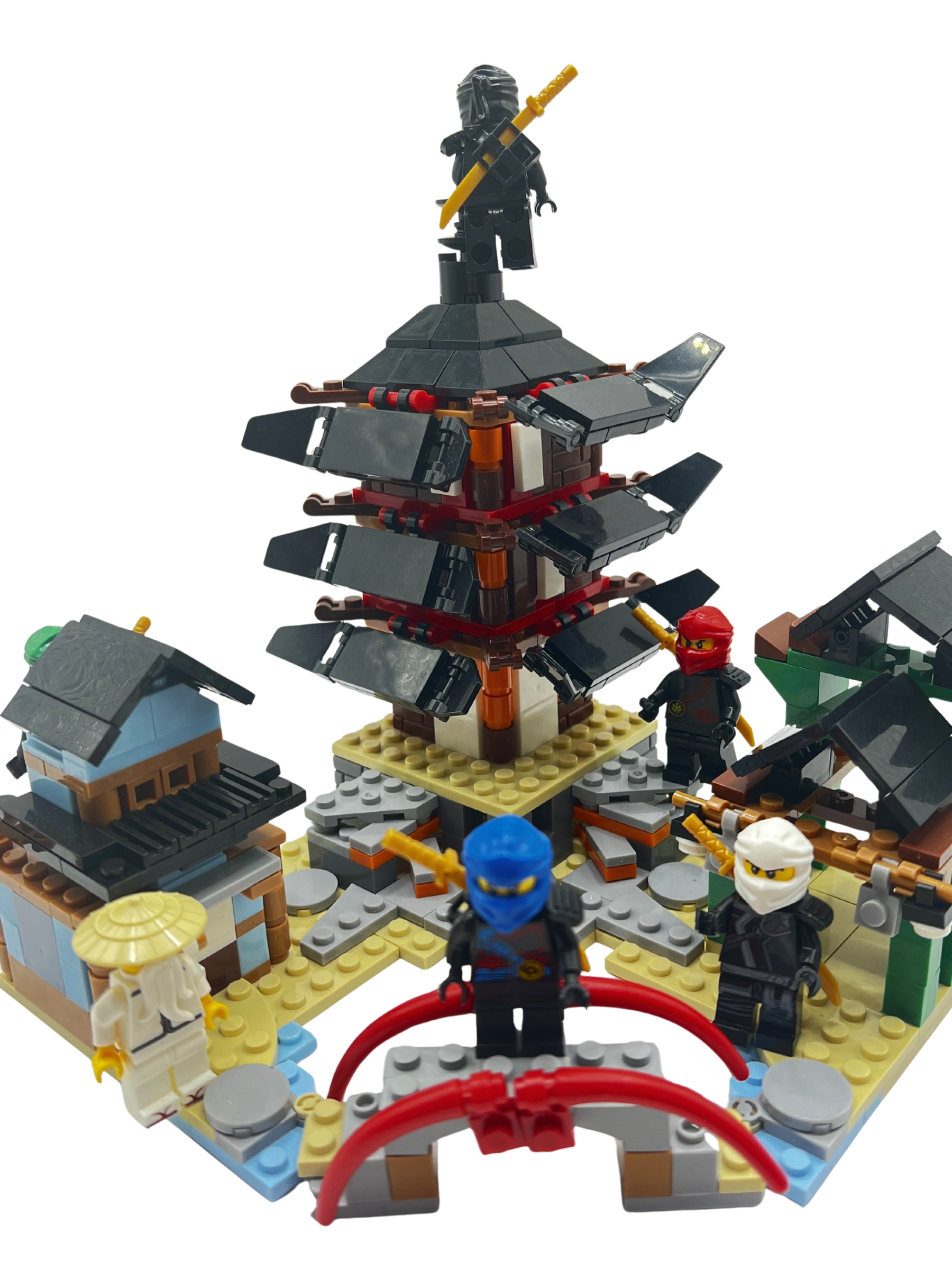 Ninja Fortress set - front view showing pagoda tower with ninja figures and red bridge