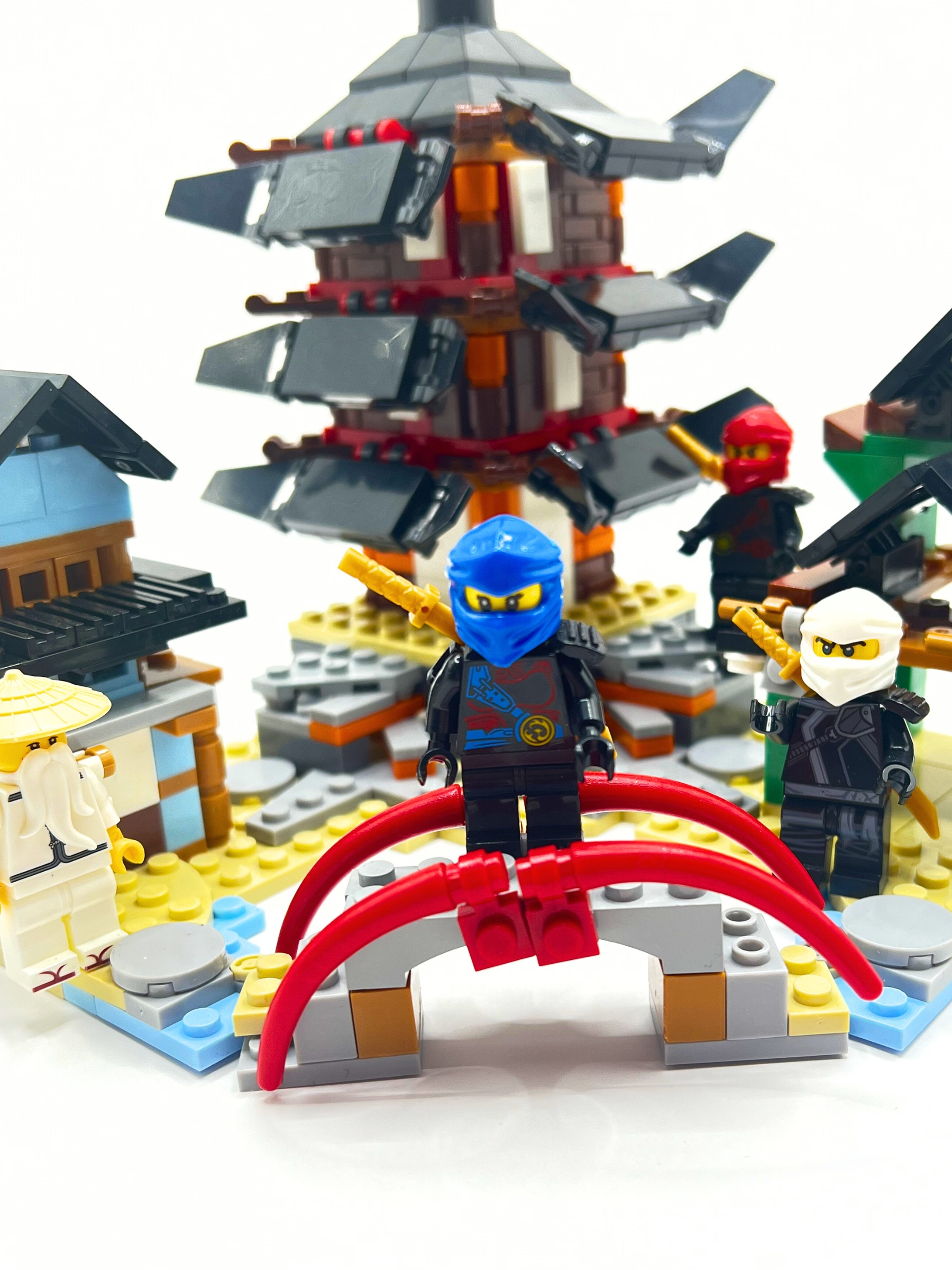 Ninja Fortress set - blue ninja on red bridge with sensei and fortress in background
